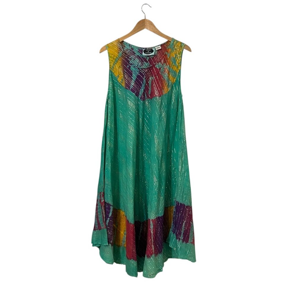 Style In Fashion Boho Sleeveless Dress One Size Teal Multicolor Metallic Stripe